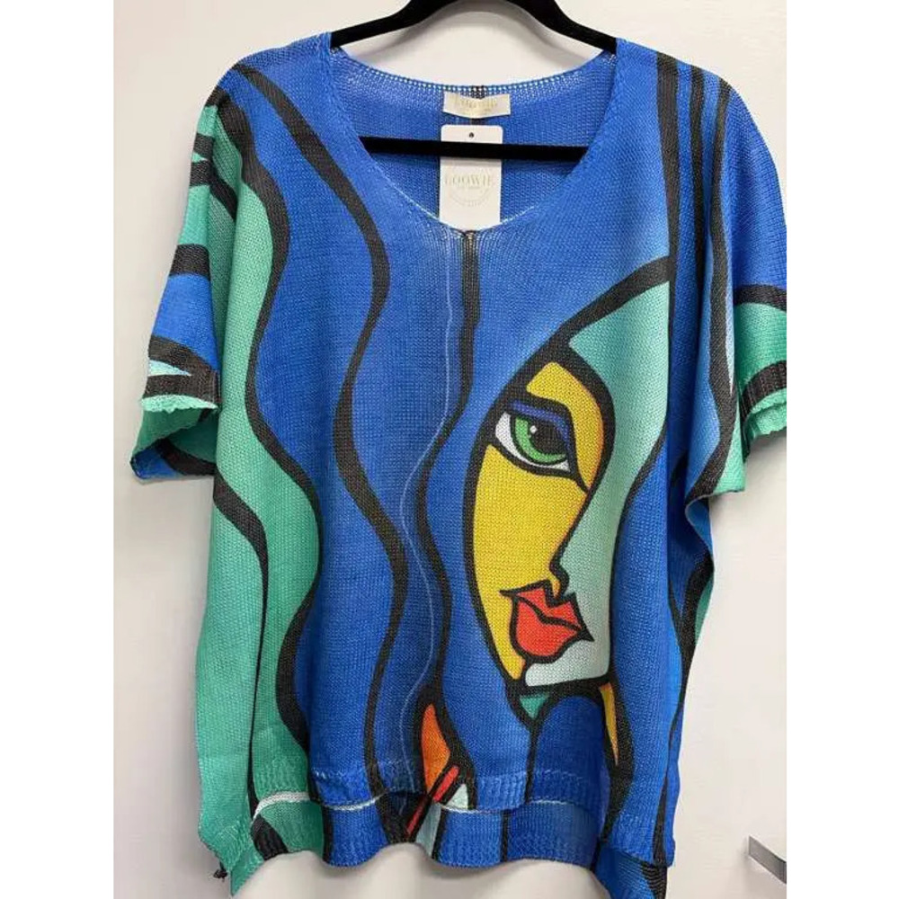 L56 Loowie Blue Pop Art Face V-Neck Knit Sweater One Size
